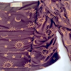 Altar’d State Mesh Crop Top Sheer Sleeves Sun Moon Ruched Sz L